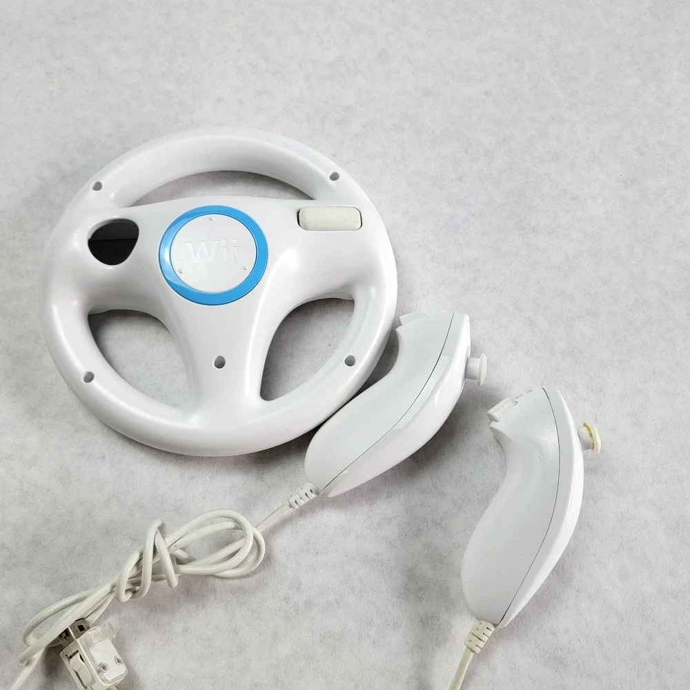 Nintendo Wii Accessory Bundle White Wii Wheel RVL-024 and 2 Nunchucks RVL-004